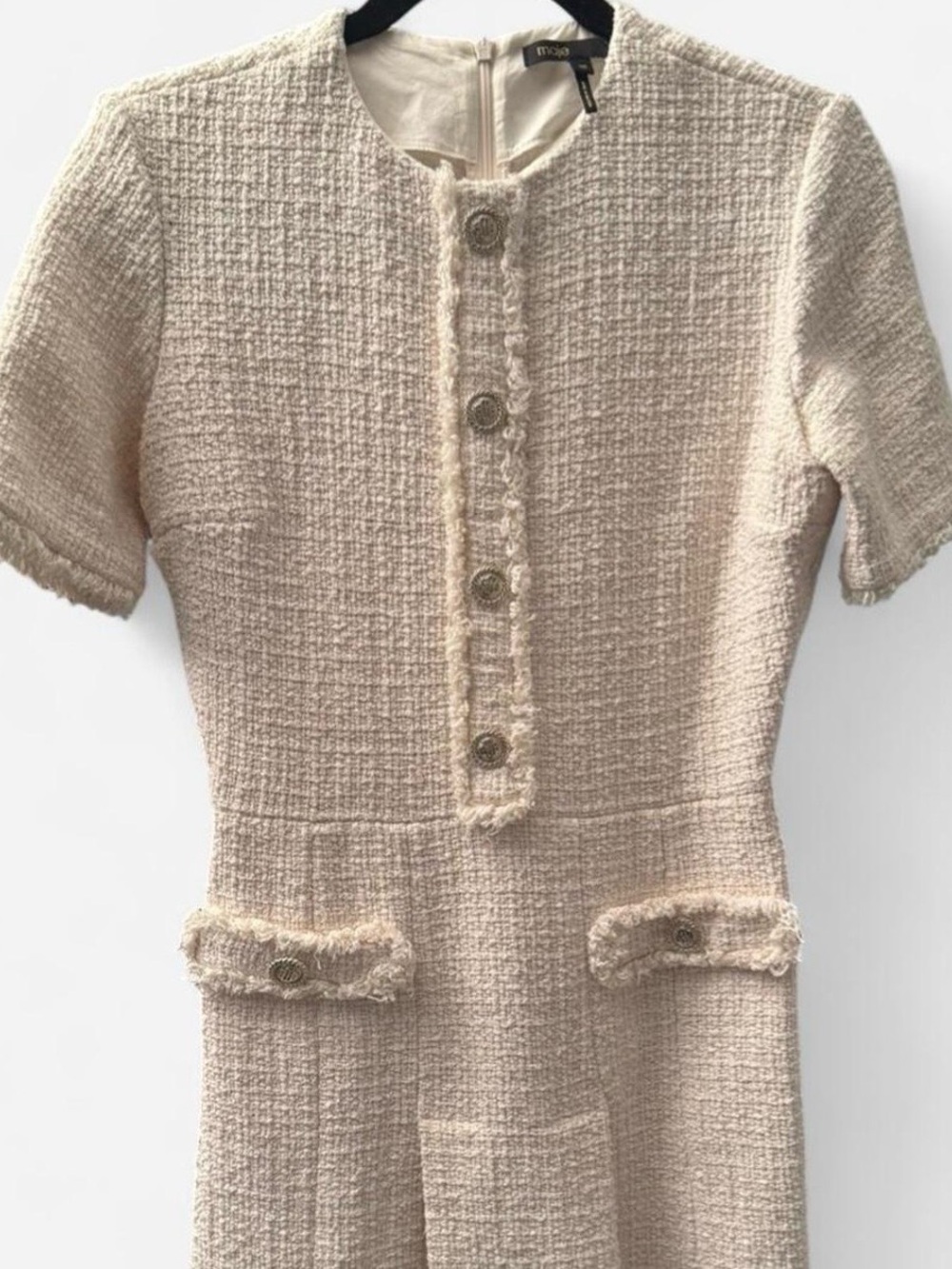 Maje Cream Tweed Mini Dress with Button Detail